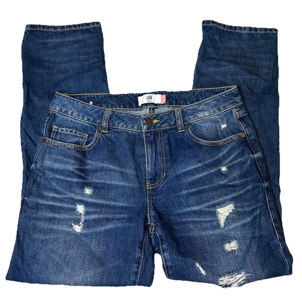 Cabi Boyfriend Jeans 6 Distressed Dark Wash Denim‎ 100% Cotton Style 4152 Blue